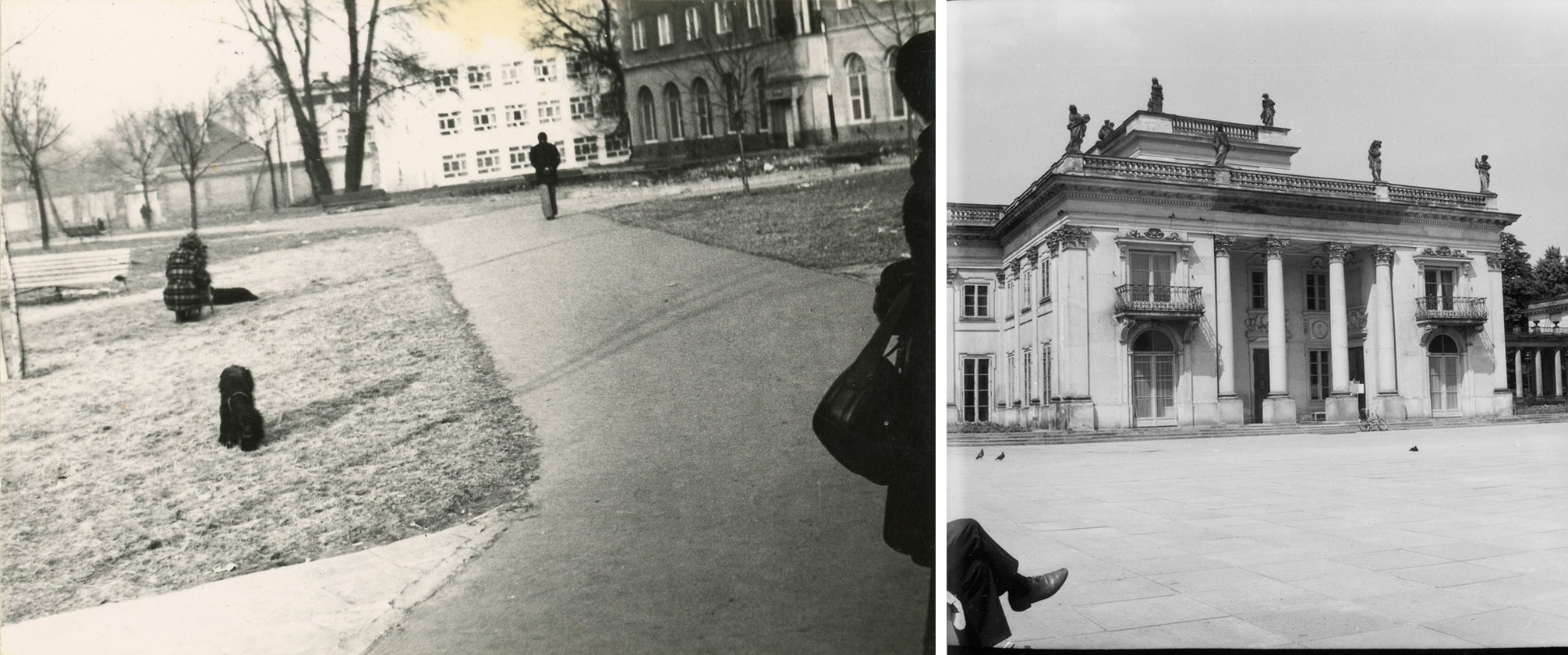 Skwer obok bloku przy ulicy Leszno 32, lata 50./60., fot. ze zbior&oacute;w Marty Baranowskiej. Łazienki Kr&oacute;lewskie, Pałac na Wyspie, lata 60./70., fot. Michał Dziewanowski, zbiory rodziny Dziewanowskich