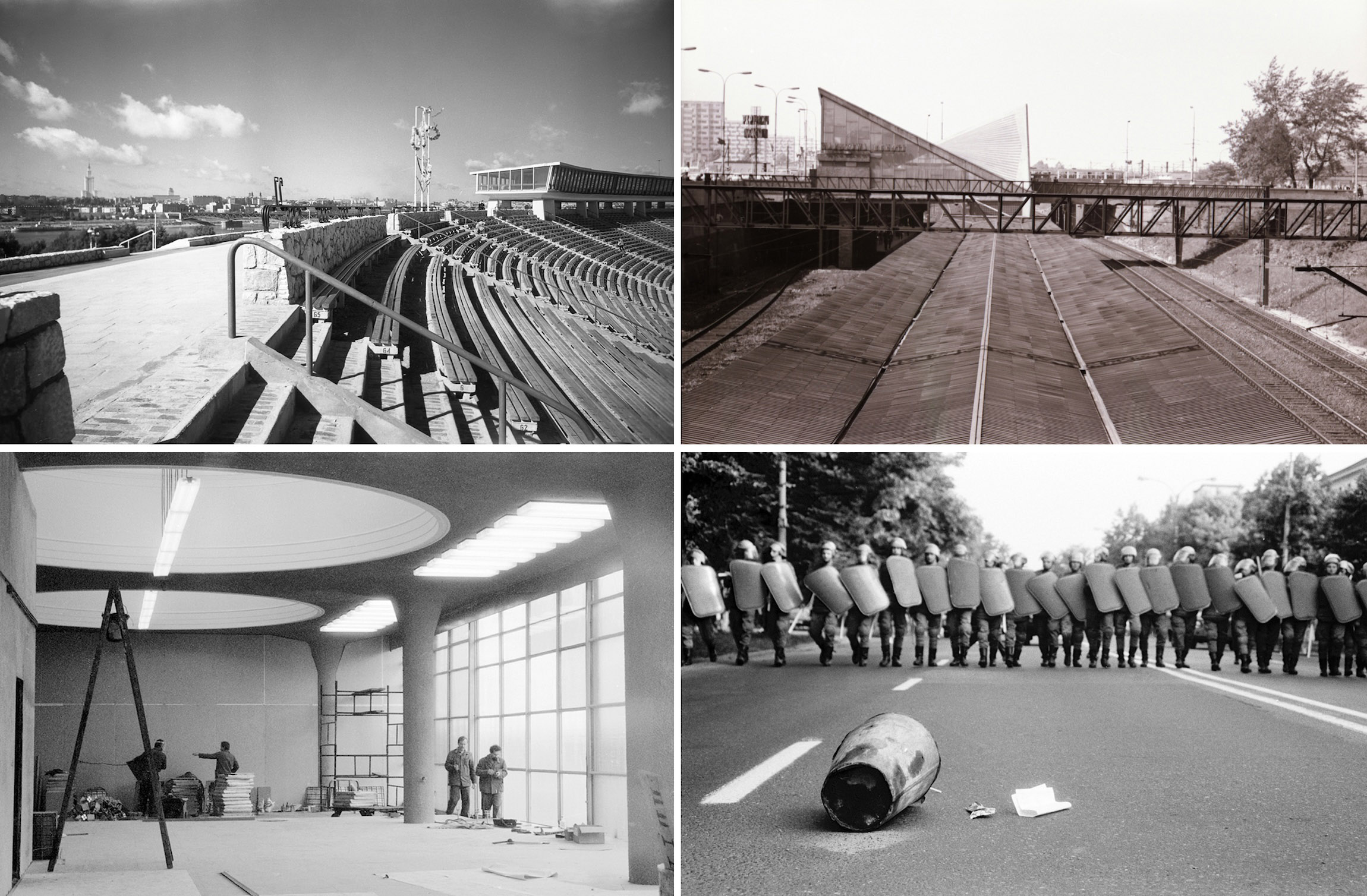 Od g&oacute;ry: Stadion Dziesięciolecia, około 1955, fot. Franciszek Myszkowski. Przystanek Warszawa Ochota, widok z kładki na przedłużeniu ulicy Miedzianej w kierunku ulicy Towarowej, 1967&ndash;1969, fot. Eugeniusz Płoński. Prace remontowe po pożarze w Domu Słowa Polskiego, 1975, fot. Tomasz Smoliński. Aleje Ujazdowskie, policyjna blokada od strony Placu na Rozdrożu, 26.05.1993, fot. Paweł Roehrych