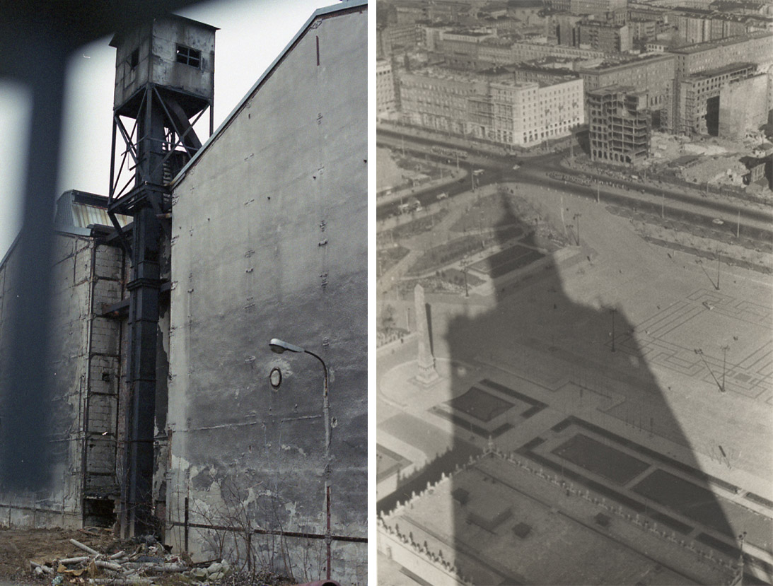 Dawna elektrownia tramwajowa, obecnie Muzeum Powstania Warszawskiego przy ulicy Przyokopowej 28, 2003, fot. Krzysztof Olszak.  Widok z Pałacu Kultury i Nauki na skrzyżowanie ulic Marszałkowskiej i Świętokrzyskiej, 1955&ndash;1957, zbiory Justyny i Michała Nowickich
