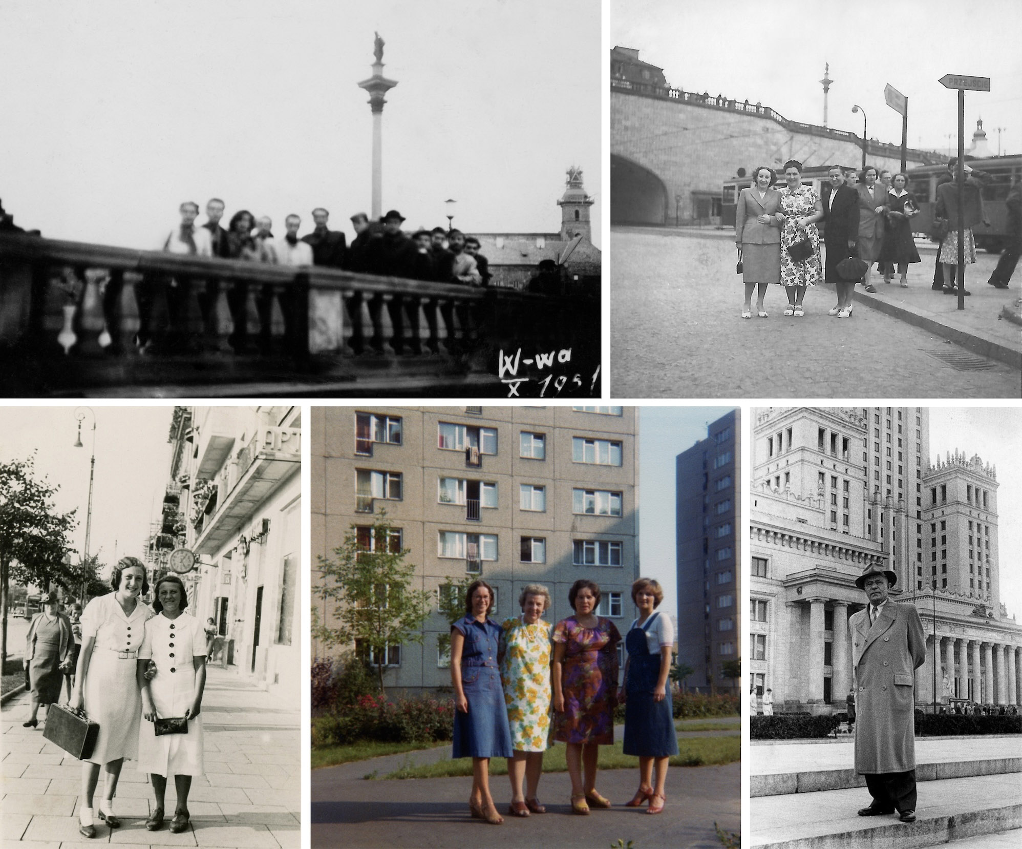 Od g&oacute;ry: Plac Zamkowy. Widok ze schod&oacute;w obok Kościoła św. Anny w kierunku Kolumny Zygmunta, 1951, zbiory rodziny Violetty Augustyn.  Tunel Trasy W-Z i Kolumna Zygmunta w tle, 1953, fot. ze zbior&oacute;w Marty Baranowskiej. Ulica Puławska w stronę Placu Unii Lubelskiej, lipiec 1939, zbiory rodziny Kowalewskich. Osiedle Stegny, teren osiedlowy pomiędzy blokami przy ulicy Batumi 1 i 5, 1973&ndash;1975, fot. zbiory Adama Rozbickiego. Plac Defilad, w tle gł&oacute;wne wejście do Pałacu Kultury i Nauki, lata 50./60., zbiory Dariusza Gubasa