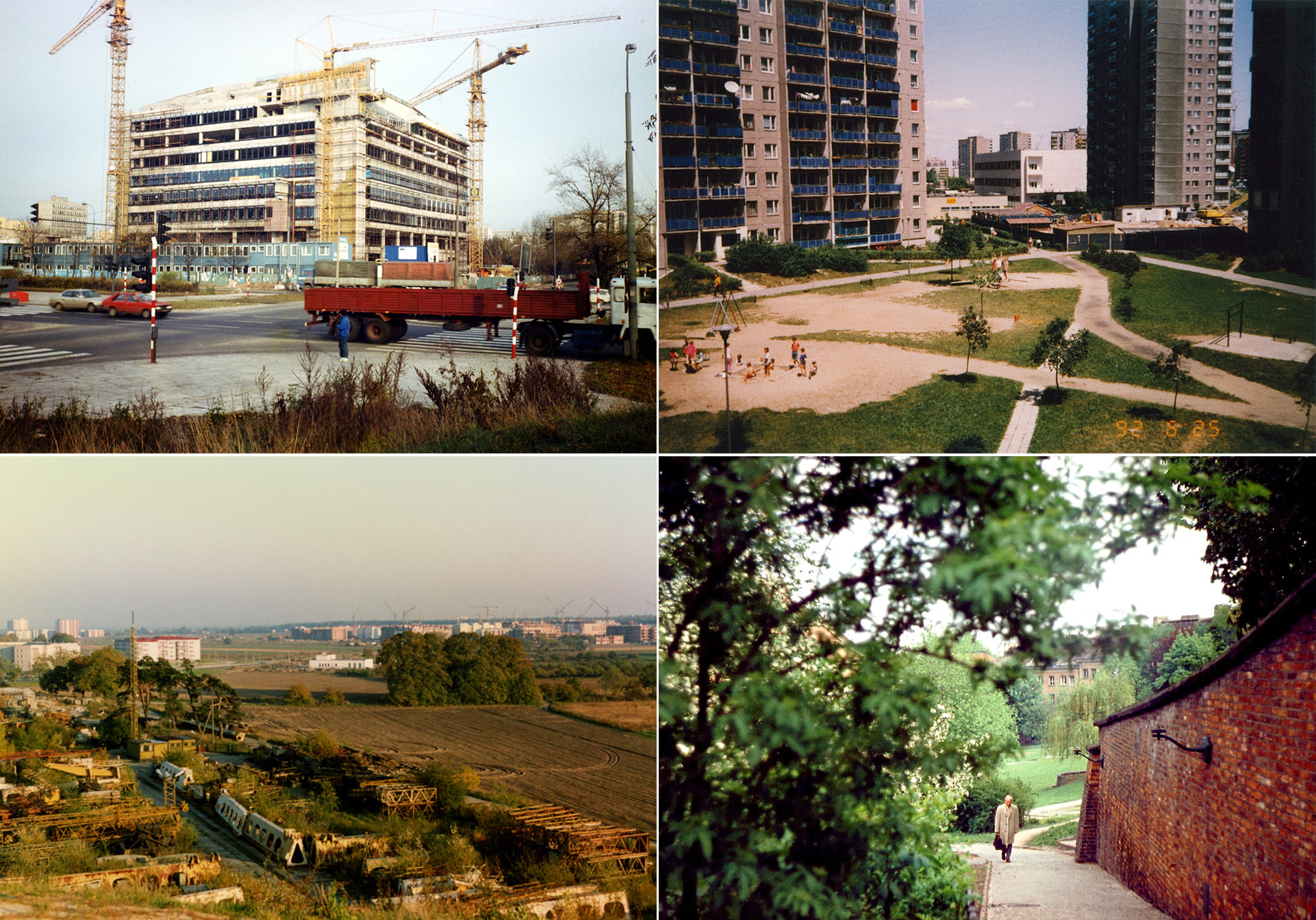 Od g&oacute;ry: Biurowiec Kolmexu przy ulicy Grzybowskiej 80/82, 1992, fot. Dariusz Olszak. Widok z bloku przy Meissnera 4 w kierunku ulicy gen. A. E. Fieldorfa &bdquo;Nila&rdquo;, 1992, fot. Grzegorz Szklarek. Panorama Kabat z blok&oacute;w w pobliżu ulicy Belgradzkiej, połowa lat 90., fot. Jan Bartha. Ulica Mariesztat w stronę Rynku Mariensztackiego, 1974&ndash;1976, fot. Tomasz Smoliński