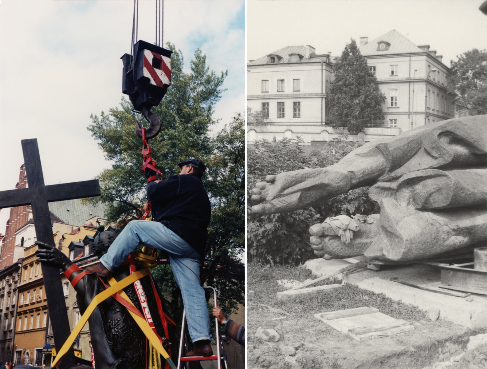 Plac Zamkowy, generalny remont Kolumny Zygmunta, 1996, fot. Małgorzata Kukowska. Fragment rzeźby Nike po demontażu z cokołu przy Placu Teatralnym i przed montażem na nowym cokole koło zbiegu ulic Nowy Przejazd i Alei Solidarności, 1995&ndash;1997, zbiory Aldony Szpejn
