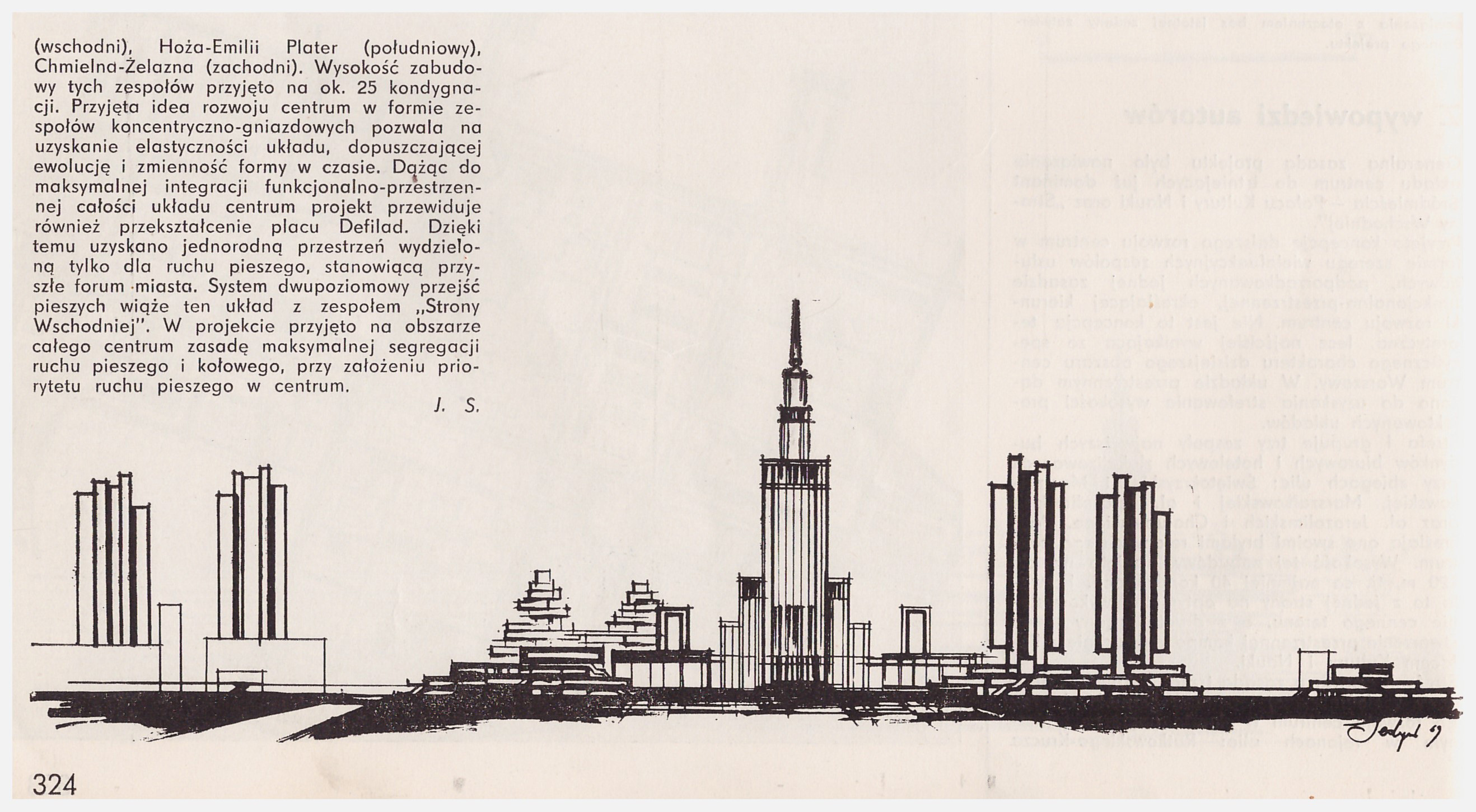 Konkurs otwarty, 1969 r. Projekt zespołu Jerzego Skrzypczaka. Równorzędna I nagroda. Kompozycja Ściany Zachodniej, źródło: "Architektura", 1970.